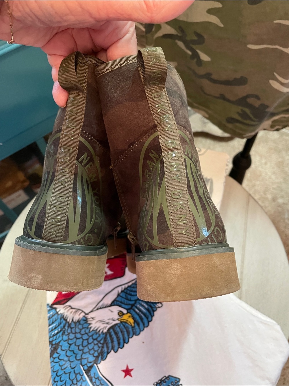 Camo Ankle Boots - Olive Brown Suede Look Donna Karan New York Unisex - Picture 5 of 9